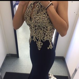 Xscape Navy Blue Embroidered Gown